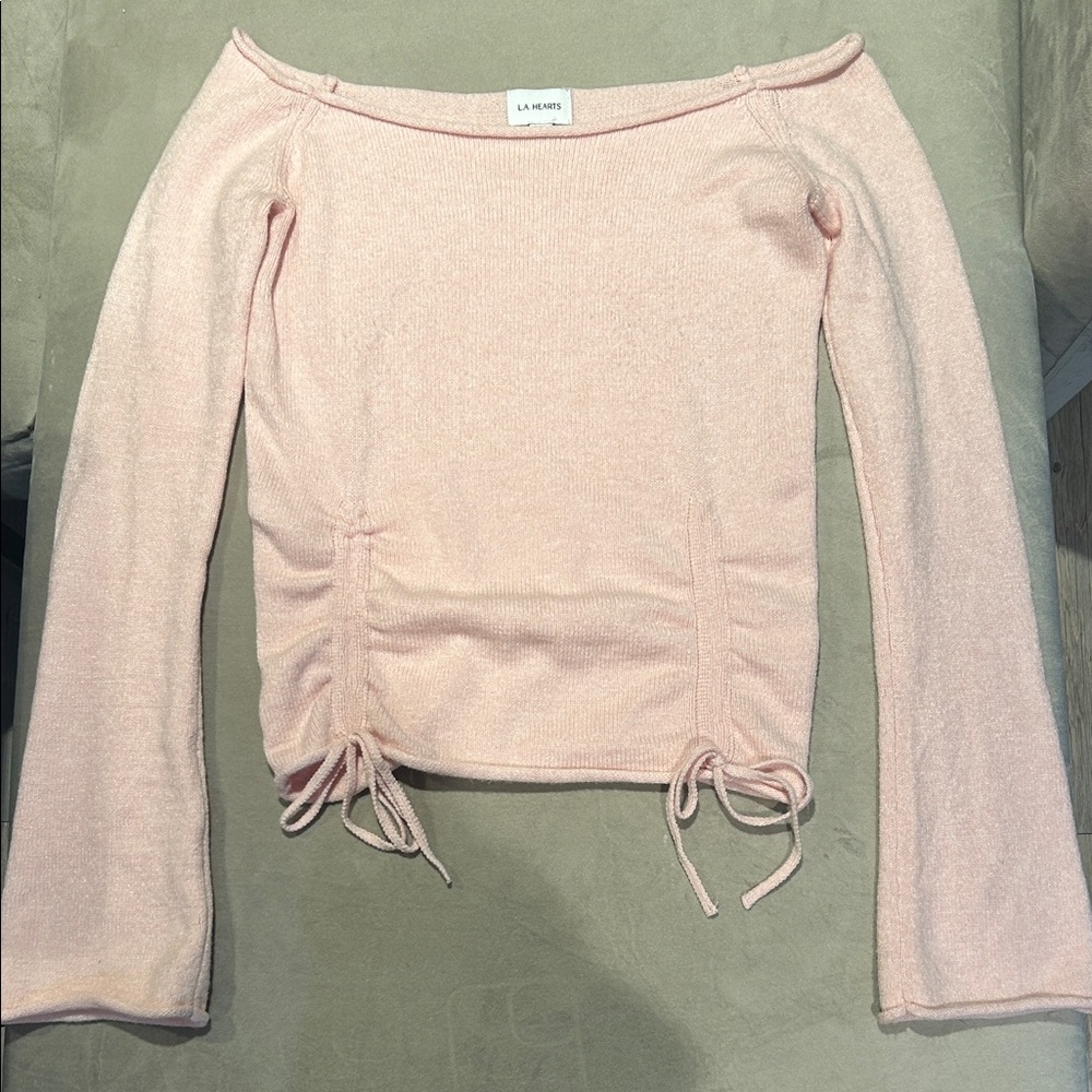 La Hearts Light Pink Ruched Off the Shoulder Knit Top